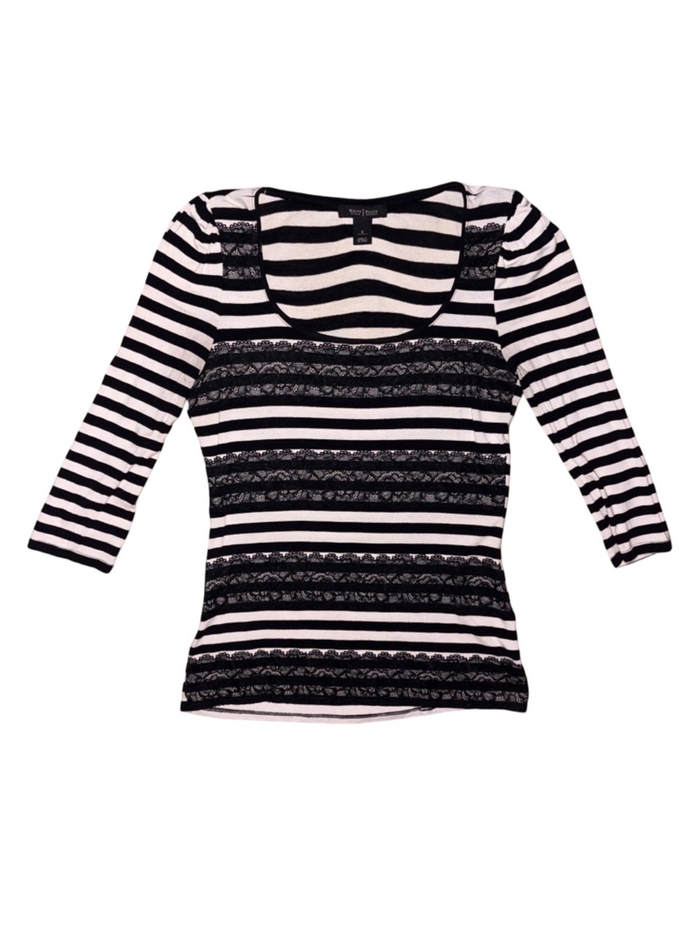 White House | Black Market Striped Lace-Trim 3/4 Sleeve Top